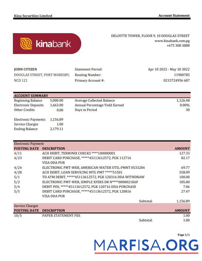 Blank Papua New Guinea Kina Securities Limites bank statement excel sample
